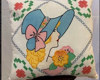1930er, 15"×15", Leinenkissen mit besticktem Kissen