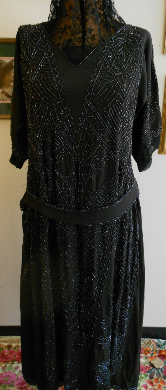 1920's black glass beaded Art Deco dress