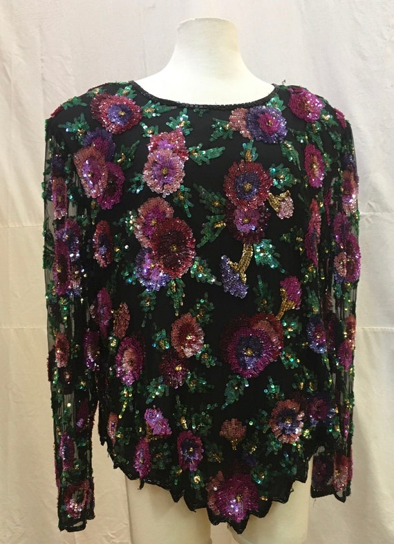 1980s,  44" bust,  black chiffon top embroidered … - image 1