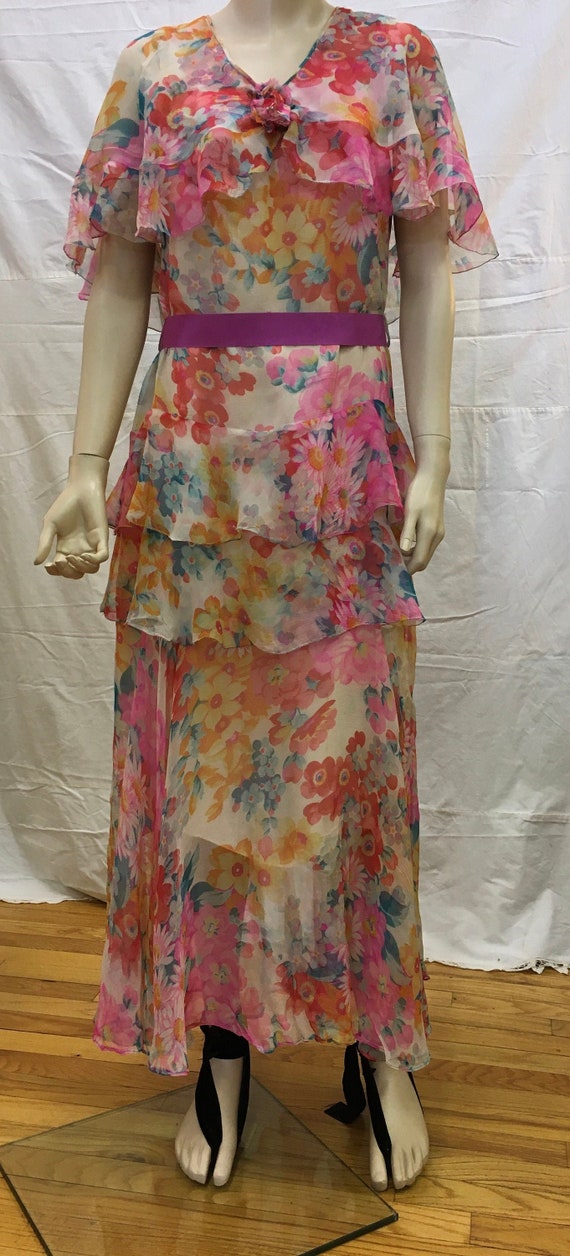 1930s, 34" bust, multi colored  floral  silk chif… - image 1