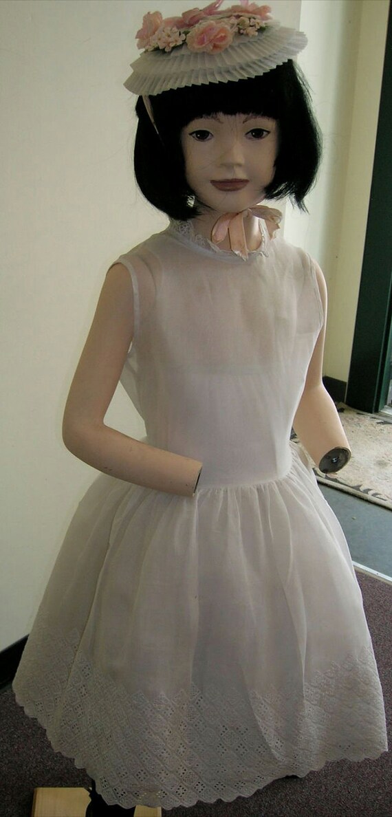 1950's Girl's White Organdy Dress, With Wide Eyelet Edging