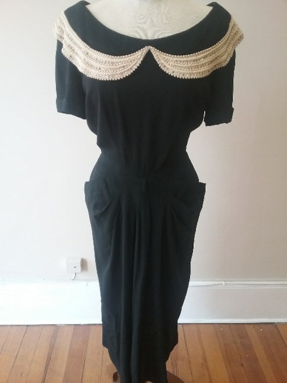 1950's, 36" bust, black crepe draped skirt dress w