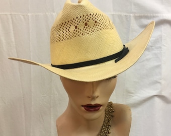 1950s, size 7 1/4, natural colored straw cowboy hat.