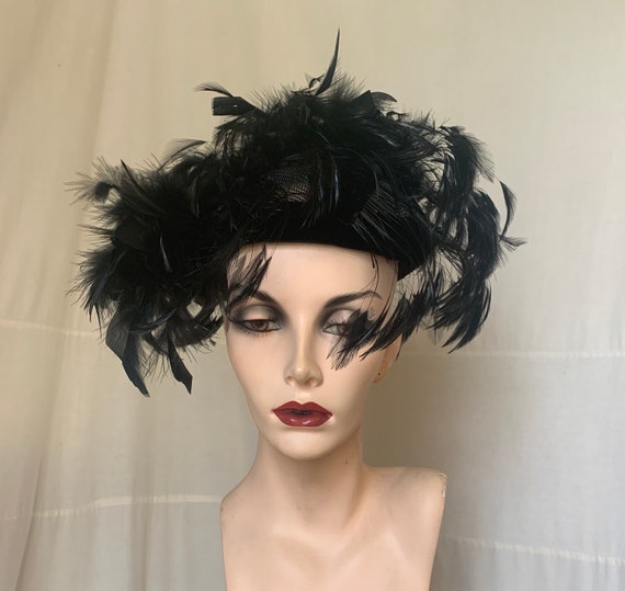 1950s, black feather hat - image 1
