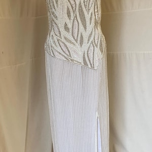 1980s, 34&quot; bust, 28&quot; waist,  long white and silver crystal beaded gown on silk