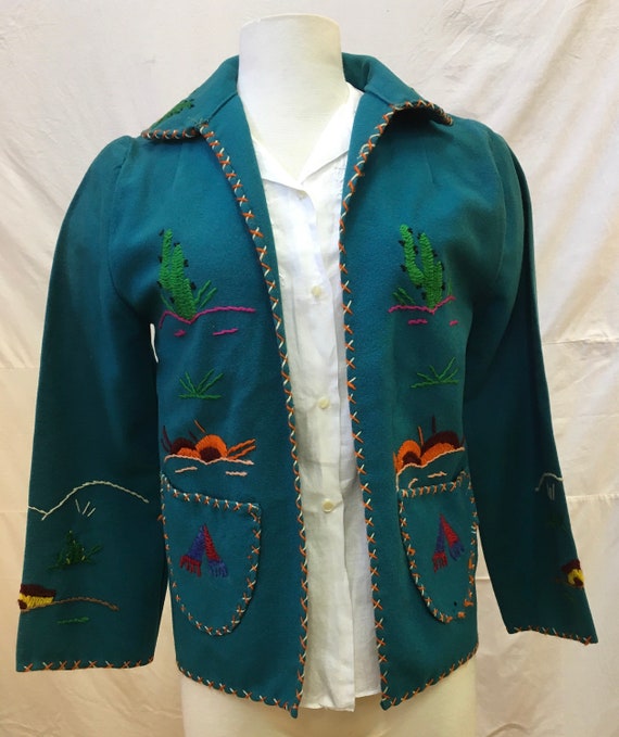 1940s, 32"bust, blue wool felt "Mexican themed " … - image 1