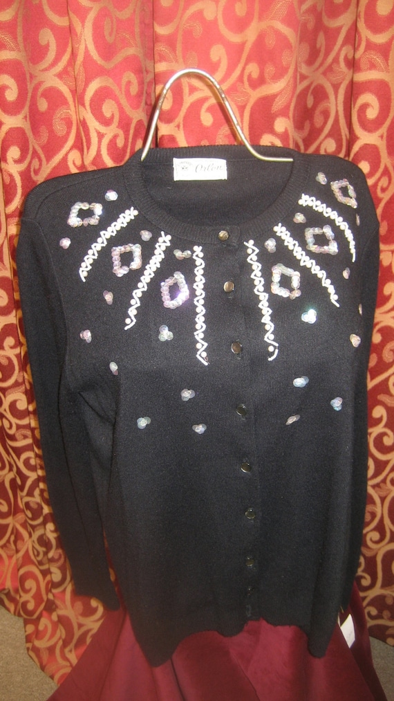 1950's, 38"bust, black  decorative Orlon cardigan 