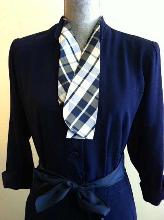 1950's, 42" bust, navy blue rayon crepe dress