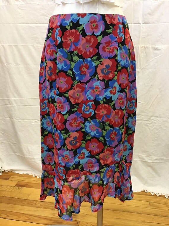 1990s, 30" waist, rayon floral printed skirt