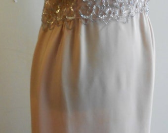 1970's, 38" bust, blush pink, long straight, silk chiffon grown, with a crystal and sequins top
