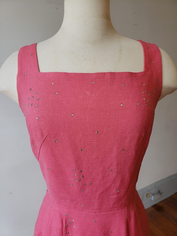 1950s, 34" bust, "shocking" pink linen sheath dres