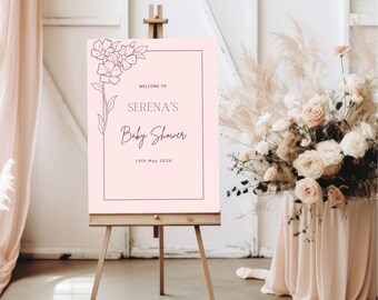 Elegantes, rosa Babyparty-Willkommens-Schild | Ereignisschild, bearbeitbar, Sofort-Download, Canva Vorlage, Vorlage