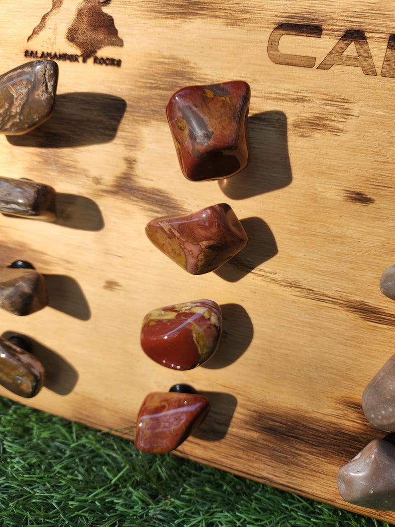 Pu&ograve; includere: Un pannello di legno con il testo "SALAMANDERS & ROCKS" e "CABIN" inciso nel legno. Il pannello ha otto pietre di diversi colori fissate ad esso con viti nere.