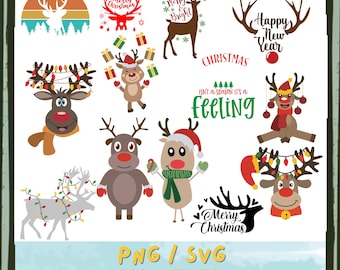 Paquete SVG de renos navideños, imágenes prediseñadas de ciervos y gráficos de astas navideñas