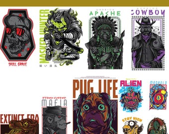 Paquete de diseño de camisetas de alta calidad / Ilustraciones gráficas vectoriales AI, eps, PDF, PNG / Arte oscuro de streetwear, zombi, alienígena, héroe, guerrero