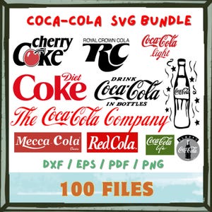 Pode incluir: Uma coleção de 100 logotipos e variações da Coca-Cola, incluindo Cherry Coke, Diet Coke, Coca-Cola Light, Royal Crown Cola e Coca-Cola Life. Os logotipos são de várias cores, incluindo vermelho, preto, branco e verde. O texto "DXF/EPS/PDF/PNG" e "100 ARQUIVOS" também está incluído.