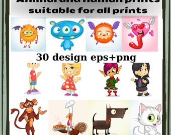 Diseño de personajes de dibujos animados de animales y humanos, archivos digitales para impresión de camisetas, manualidades para niños, pegatinas y clipart png eps, descarga instantánea