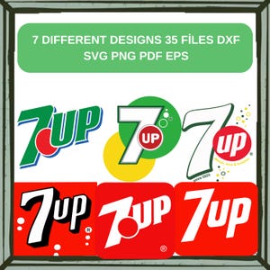 Könnte beinhalten: Ein digitales Design mit sieben verschiedenen Versionen des 7 Up-Logos. Die Logos sind in Grün, Rot und Weiß gehalten, mit dem Text "7 UP" und "since 1929". Der obere Teil des Bildes enthält den Text "7 DIFFERENT DESIGNS 35 FILES DXF SVG PNG PDF EPS".