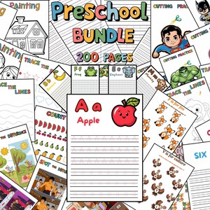 May include: A collection of 200 printable preschool worksheets featuring various activities such as tracing lines, counting, letter recognition, and cutting practice. The worksheets feature colorful illustrations of animals, fruits, and superheroes.