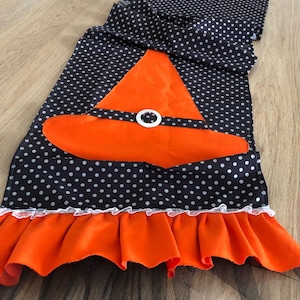 Halloween Table Runner, Witch Hat Design, Handmade Fabric Orange Color Table Runner, Spooky Dining Decor, Halloween Tablecloth