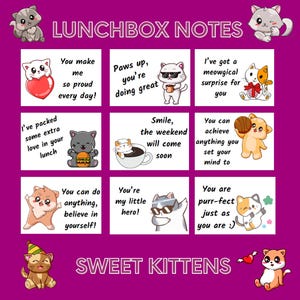 Notas de lonchera con tema de gato, Notas de lonchera para niños imprimibles, Notas de lonchera para gatos, Afirmaciones positivas, Notas alentadoras para gatitos para niños