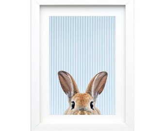 Bunny art for nursery - blue stripe background. Cute for kids room, nursery, baby animals.