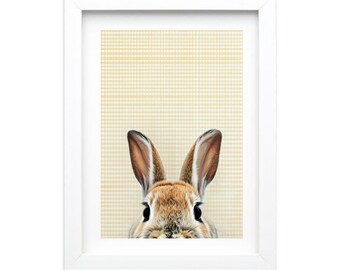 Bunny print for nursery, kids room - neutral check background.