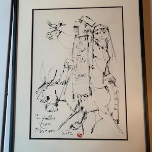 Pode incluir: Desenho a tinta preta e branca de uma pessoa com um pássaro no ombro. O desenho é assinado "To Sally from Obiean with love".