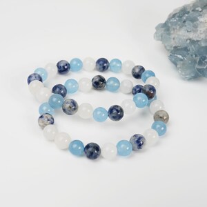Pulsera de aguamarina, pulsera de cuentas de cristales de piedra natural, pulseras de piedras preciosas naturales, aguamarina, jade blanco, piedra de punto azul, regalo de cristal