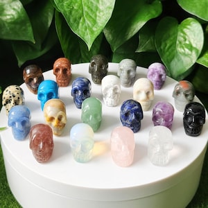 Puede incluir: Una colección de 20 pequeñas figuritas de calavera de cristal talladas a mano en varios colores, incluyendo negro, blanco, rosa, azul, verde y marrón. Las calaveras están dispuestas sobre una superficie circular blanca.