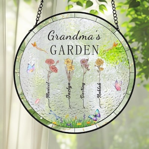 Gepersonaliseerde glazen zonnevanger, aangepaste geboortemaand bloemen met naamvenster hangende zonnevanger, tuincadeau voor oma, cadeau voor moeder