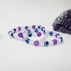 Evil Eye Bracelet, Natural Gemstone Bracelets, Evil Eye Protection, Evil Eye, Rose Quartz, Clear Quartz, Amethyst, Crystal Healing Gift