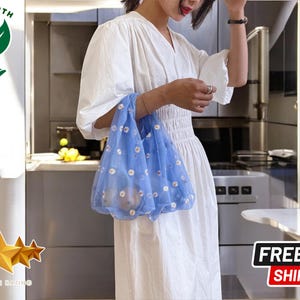 Mini sac fourre-tout brodé | Motif floral en maille transparente | sac à provisions écologique | Porte-fruits de grande qualité | Accessoires mignons pour femmes