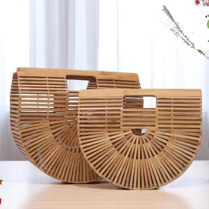 Bolso de hombro tejido de bambú / Bolso de mano de paja natural / Diseño de cadena hueca / Elegante bolso de playa y viaje / Accesorio ecológico de verano