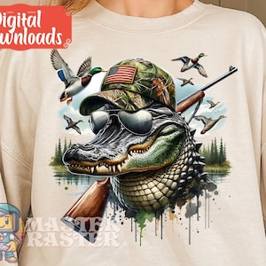 Pode incluir: Um jacaré verde usando óculos de sol e um chapéu de camuflagem com uma bandeira americana. O jacaré está segurando uma espingarda e há patos voando ao redor dele. O fundo é em estilo aquarela com cores verdes e azuis.