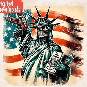 Puede incluir: Una ilustración digital de la Estatua de la Libertad sosteniendo un rifle y un libro que dice "In Guns We Trust". El fondo es una bandera estadounidense desgastada.