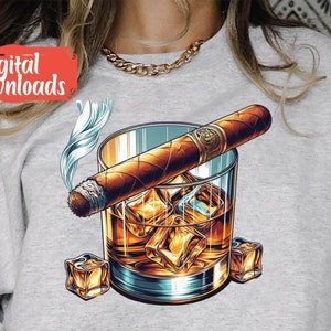 Whiskey Png File, Whisky and Tobacco Clipart, Dad Shirt png, Father&#39;s Day Gift Idea jpeg, On the Rocks jpg,  Whiskey and Cigar, Shot Glass