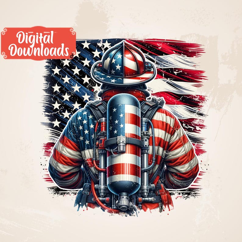 Pu&ograve; includere: Un vigile del fuoco con un casco e una giacca rosso, bianco e blu si trova di fronte a una bandiera americana. Il vigile del fuoco porta una grande bombola di ossigeno sulla schiena, anch'essa decorata con la bandiera americana.