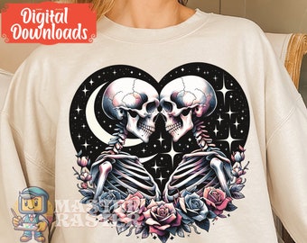 Skull Lovers Png, Kissing Skull Png, Couple Shirt png, Til Death Do Us Part Clipart, Floral Love Skull Png, Goth Heart, Gothic Valentine jpg