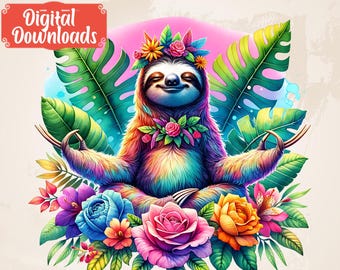 Sloth png, Cute Sloth png file, Sloth Meditate Clipart, Tropical Sloth jpeg, Yoga Animal jpg, Summer Vacation Shirt png, Cute Animal Namaste