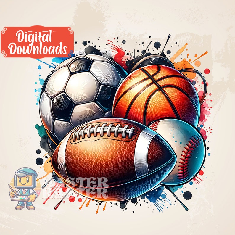 May include: A digital illustration featuring a soccer ball, basketball, football, and baseball. The sports equipment is set against a backdrop of colorful paint splatters. The words "Digital Downloads" are in a red banner.