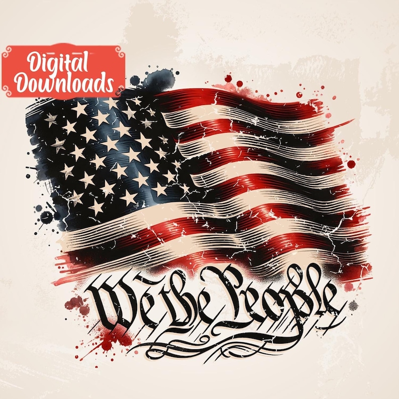 May include: A watercolour-style illustration of an American flag with the words "We the People" written in a stylised font below. The flag is waving in the wind and has a distressed look.