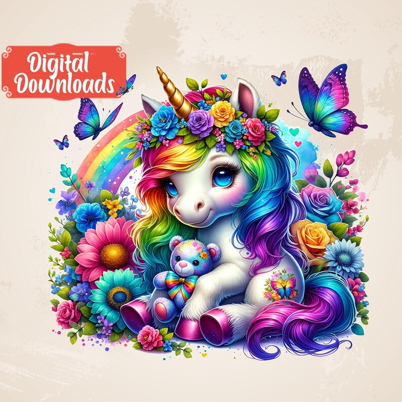 May include: A colourful rainbow unicorn with a flower crown, holding a teddy bear, surrounded by flowers and butterflies.