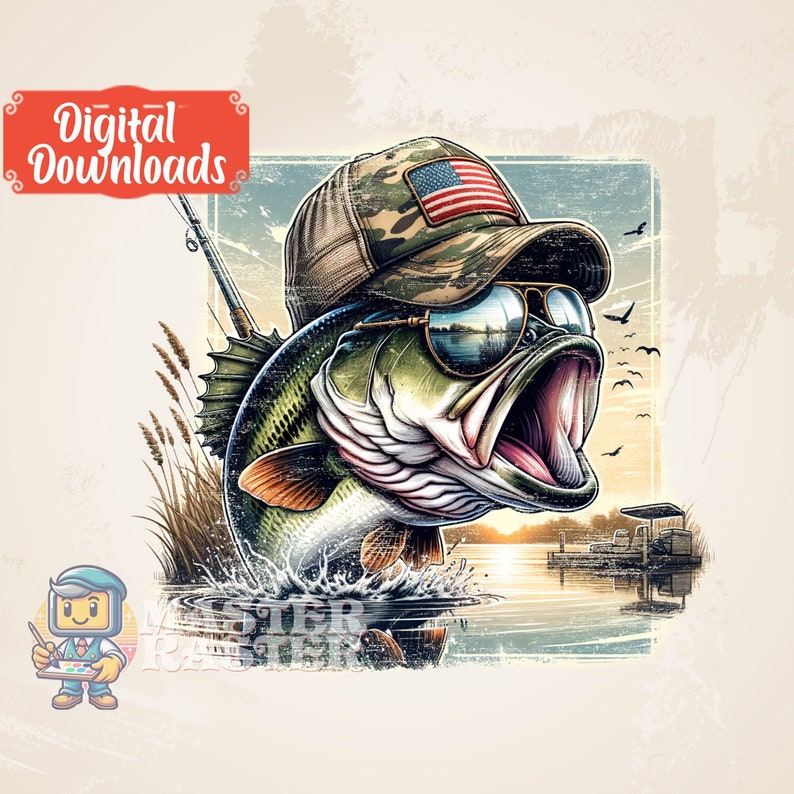 Op de afbeelding: Digitale download graphic van een largemouth bass met zonnebril en een camouflage hoed met een Amerikaanse vlag. De vis springt uit het water met zijn bek open, en een hengel is zichtbaar. De achtergrond toont een meerlandschap.