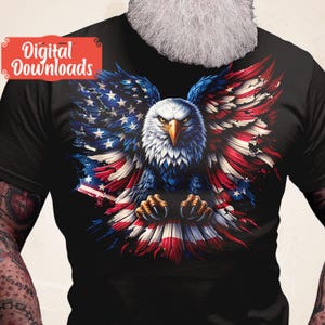 May include: A black t-shirt with a graphic of a bald eagle with its wings spread wide. The eagle is surrounded by an American flag design with red, white, and blue colors.