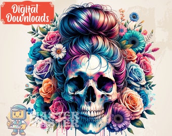 Messy Bun Skull Png, Floral Mom Life png, Watercolor Bun Hair Mom Clipart, Flower and La Muerta Skull png, Colorful Pride Skull jpg, MomLife
