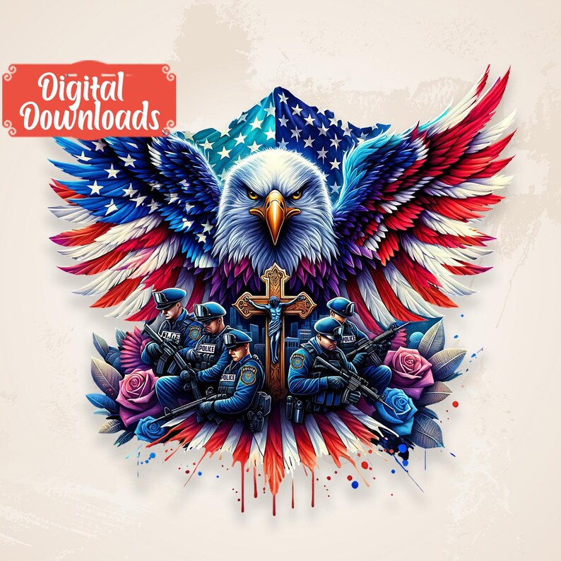 May include: A digital illustration of a bald eagle with its wings spread wide, forming the shape of the American flag. The eagle is holding a cross with a figure of Jesus Christ on it. Five police officers are standing in front of the eagle, holding guns and wearing blue uniforms. The background is a white wall with red, white, and blue paint splatters.