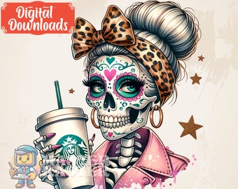 Messy Bun Skull Coffee Png, Coffee Lover Mom Life png, Caffeinated MomLife Clipart, Dead Inside png, Leopard Bun Mom jpg, La Muerta Skull