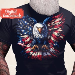 May include: A dark blue t-shirt with a graphic of a bald eagle with its wings spread out in the shape of the American flag. The eagle is white and gray with red, white, and blue feathers.