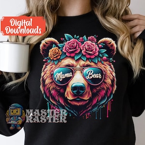 May include: A black t-shirt featuring a colourful illustration of a bear wearing sunglasses and a flower crown. The sunglasses have the words "Mama Bear" written on them.